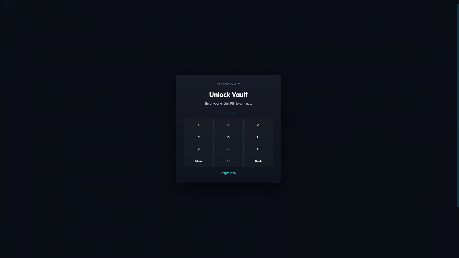 CryptoVault lock screen — dark theme